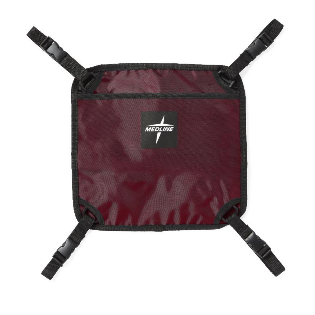 Square maroon Medline Rollator Hanging Storage Bag with black corner straps and clips, made from durable nylon, featuring a central Medline logo.